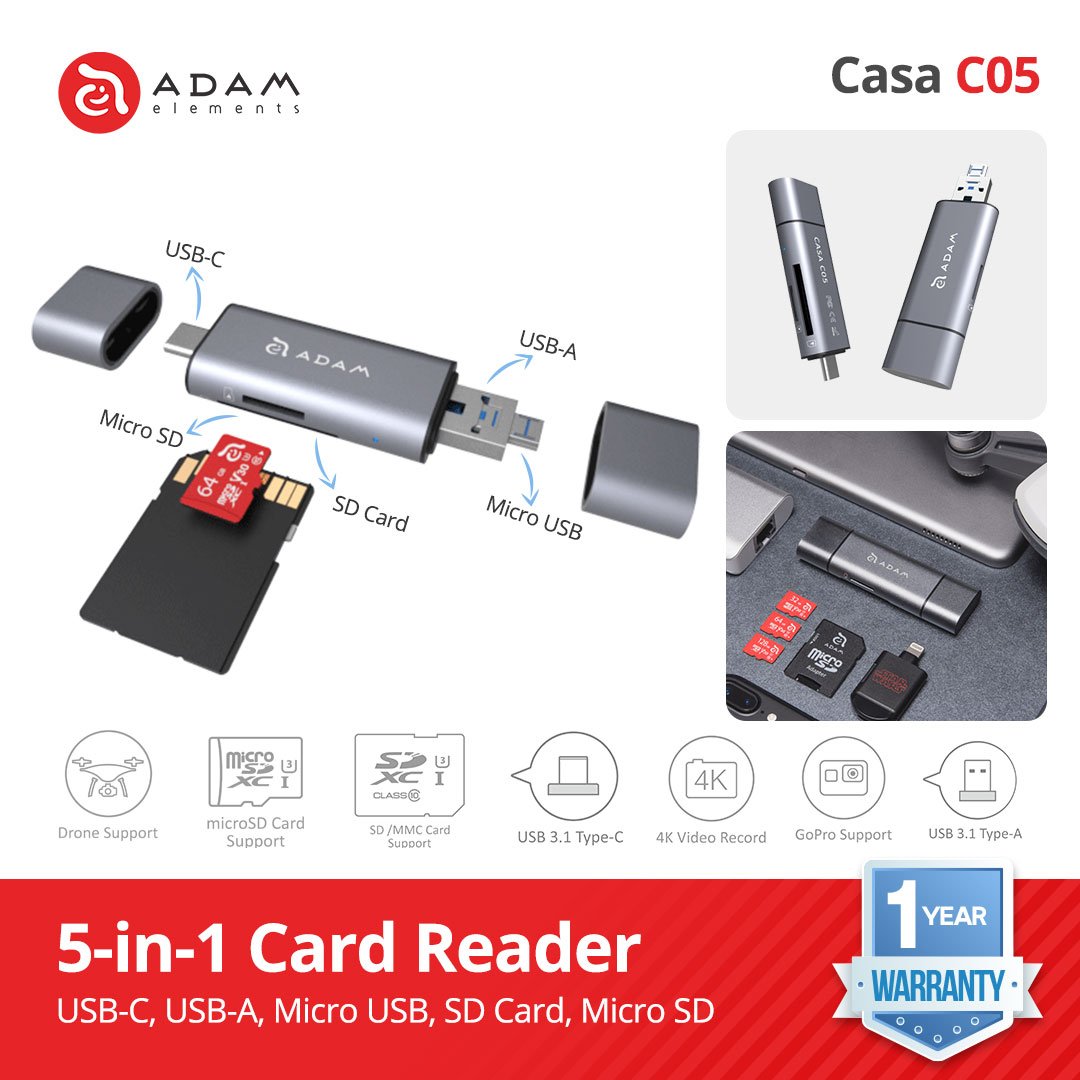 Adam Elements CASA C05 - Data Converter - USB 3.1 USB Type C 5-IN-1 OTG - Card Reader - SFI Group