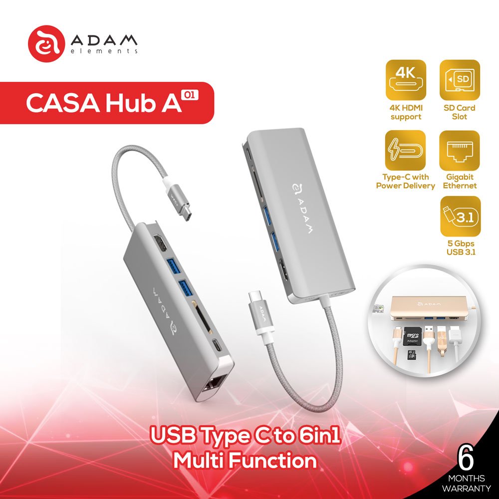 Adam Elements CASA HUB A01 - Data Converter - USB 3.1 Type C 6 in 1 Multi Function Hub - Grey - SFI Group