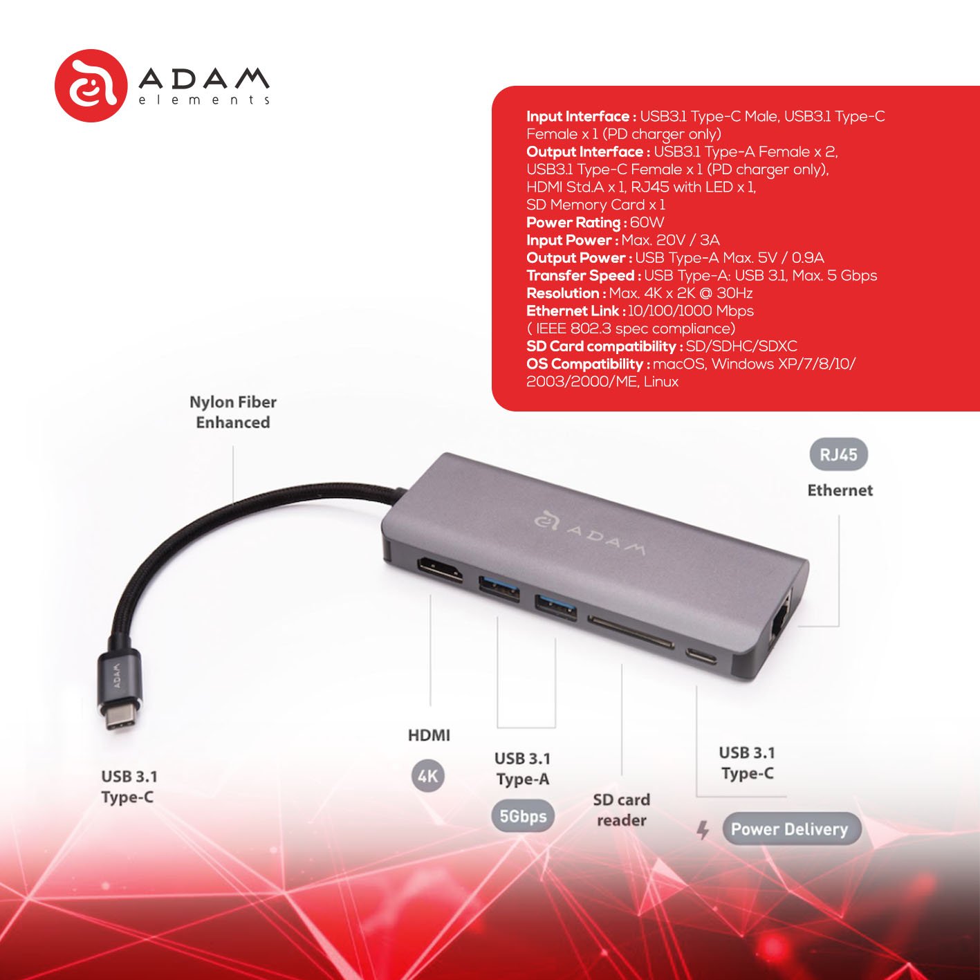 Adam Elements CASA HUB A01 - Data Converter - USB 3.1 Type C 6 in 1 Multi Function Hub - Grey - SFI Group - 4