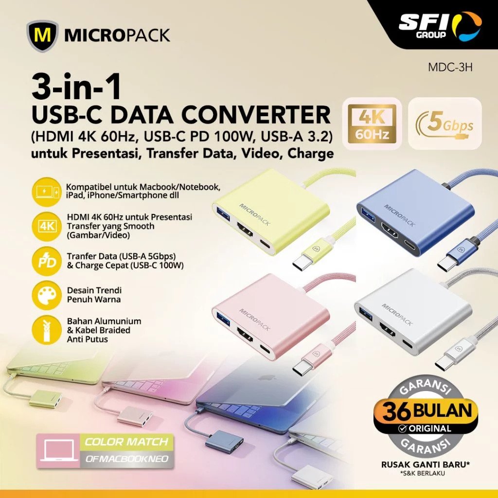 Micropack Data Converter Multiport Adapter - 3-in-1 Port: USB-A, HDMI 4K, USB-C - Fast Data Transmition - 100W PD Fast Charging - MDC-3H
