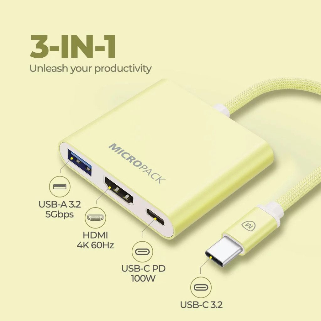 Micropack Data Converter Multiport Adapter - 3-in-1 Port: USB-A, HDMI 4K, USB-C - Fast Data Transmition - 100W PD Fast Charging - MDC-3H - 4
