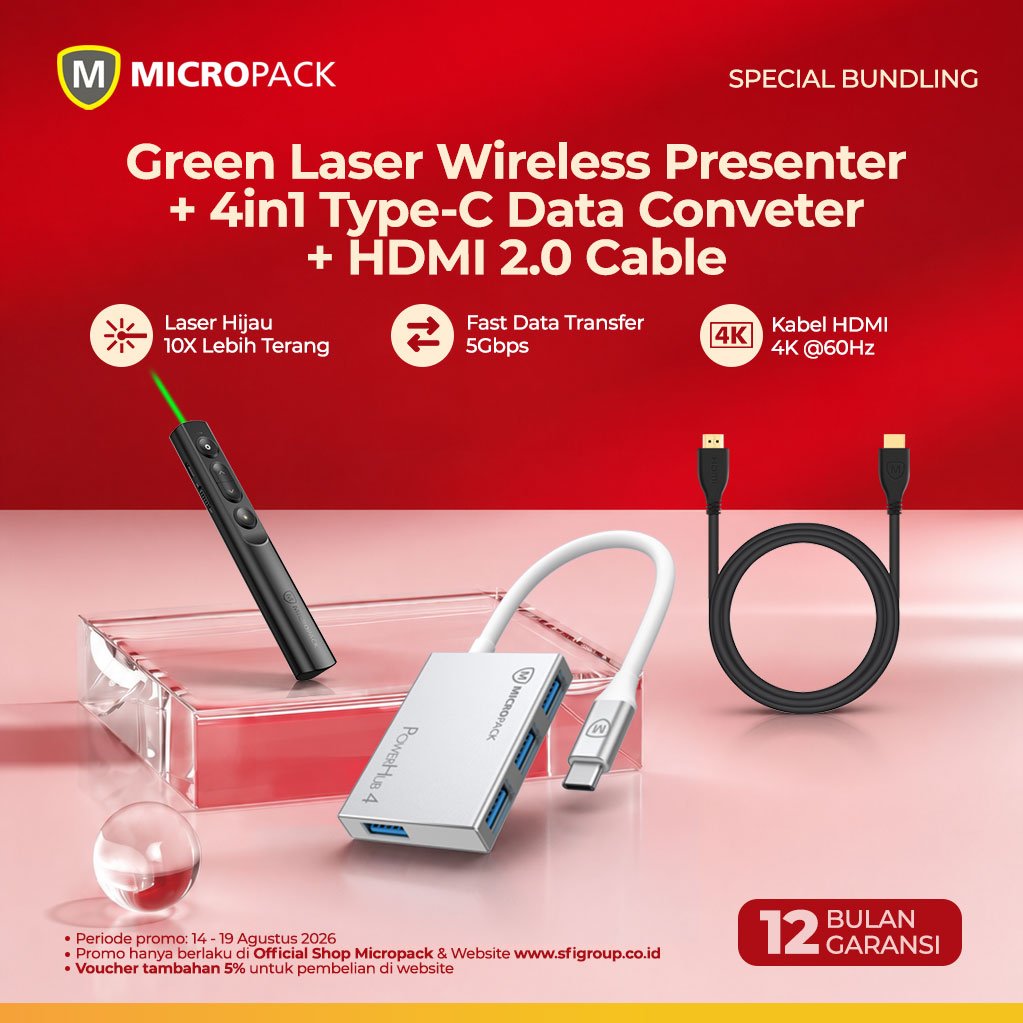 [PROMO MERDEKA] Micropack Paket Bundling Presenter Green Laser Rechargeable, Kabel HDMI 4K 3M & USB-C Hub 4 Port PC Laptop MacBook (WPM-09G + MC-230H + MDC-4SL)