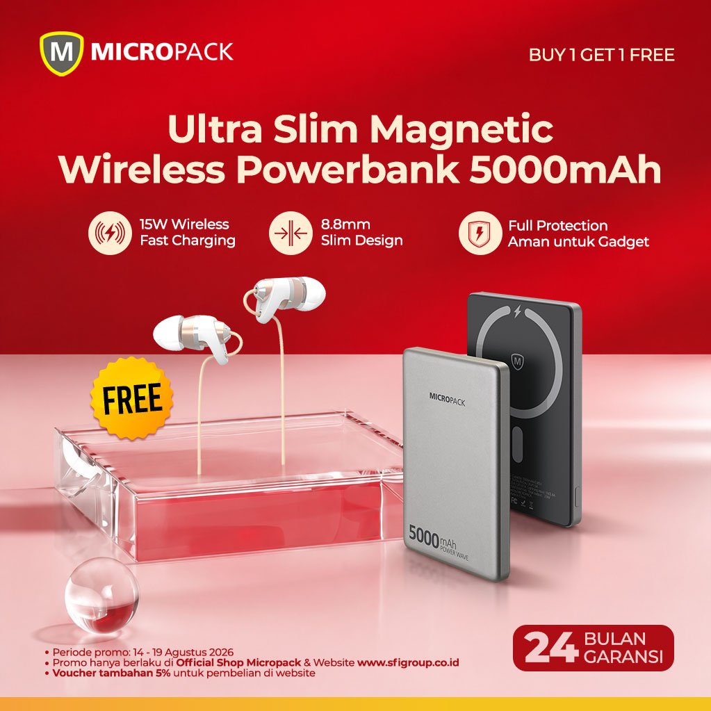 [PROMO MERDEKA] Micropack Promo Power Bank Wireless Magnetic 5000mAh Bonus Earphone Bass iPhone Android (WPB-5S + EM-300)
