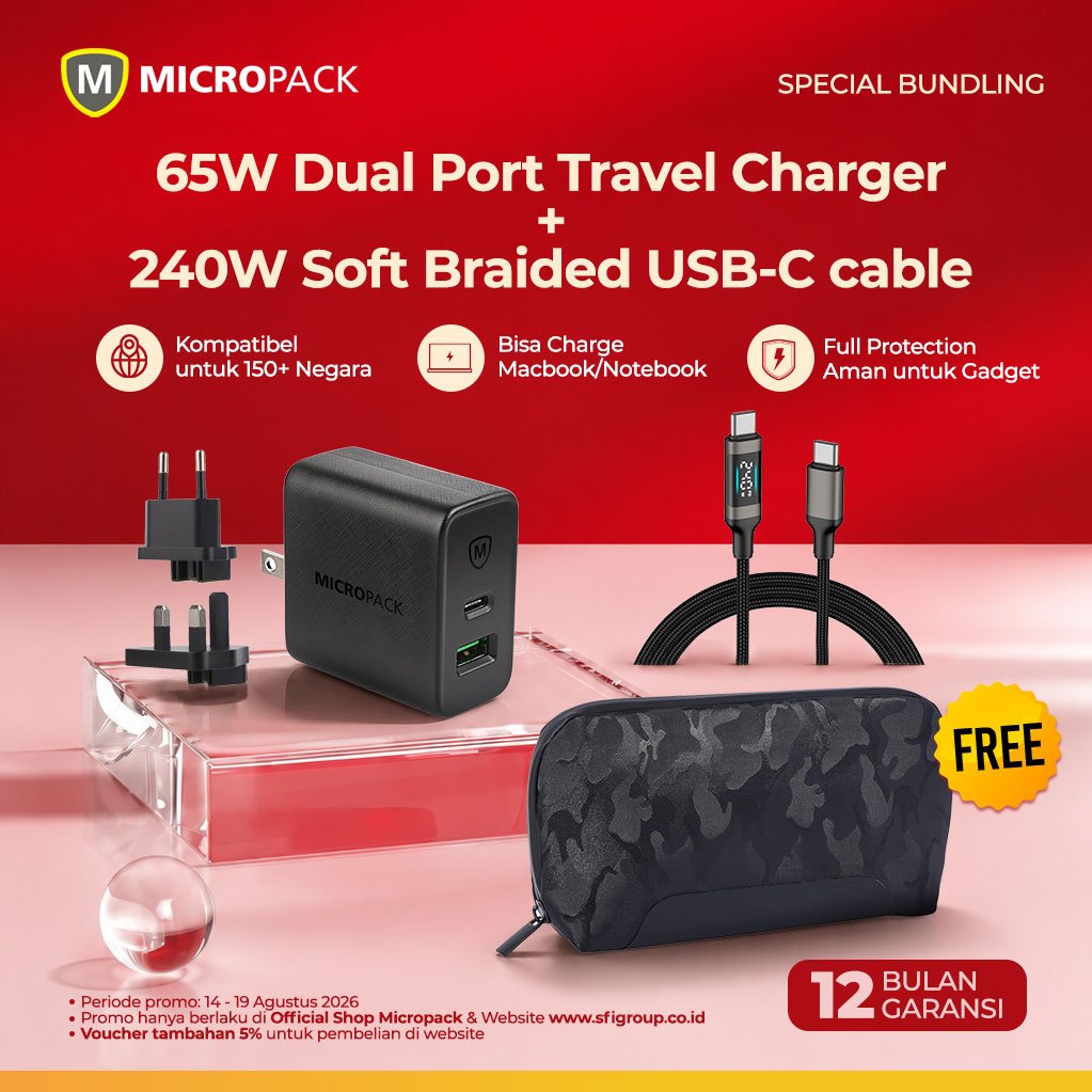 [PROMO MERDEKA] Micropack Promo Charger GaN 65W & Kabel Type C 240W 2M Bonus UAG Tech Pouch Bag Laptop MacBook iPhone Android (MWC-265PD + MC-C240 + UAG Pouch)