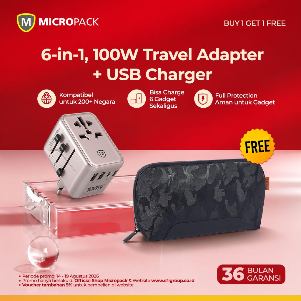 [PROMO MERDEKA] Micropack Promo Travel Adapter 100W GaN Universal Bonus UAG Tech Pouch Bag Laptop MacBook iPhone (MTA-5100 + UAG Pouch)
