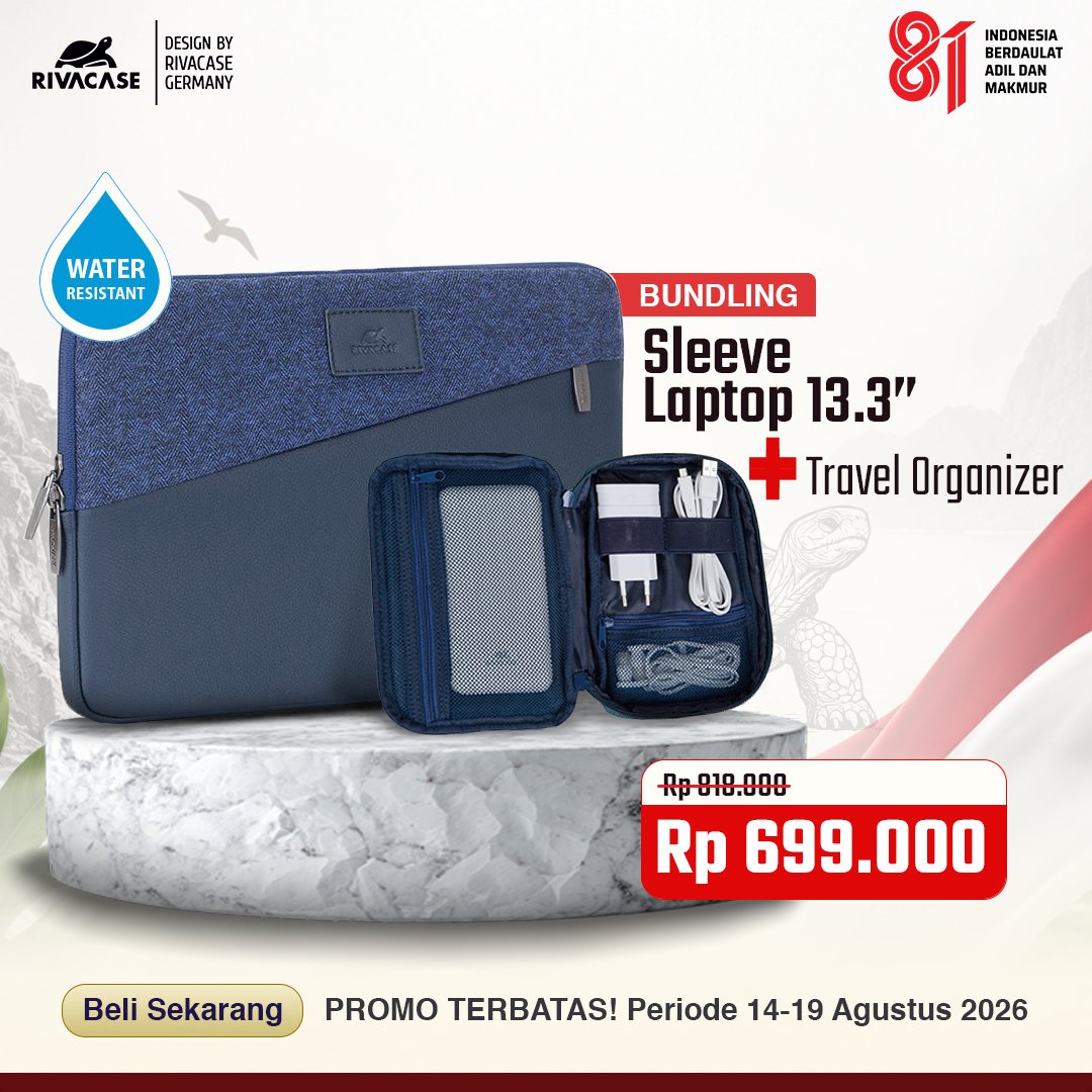 [PROMO KEMERDEKAAN] RIVACASE Sleeve Laptop 13.3 Inch MacBook Air Pro M1 M2 M3 Egmont 7903 Blue - BONUS Travel Organizer 5631 Original