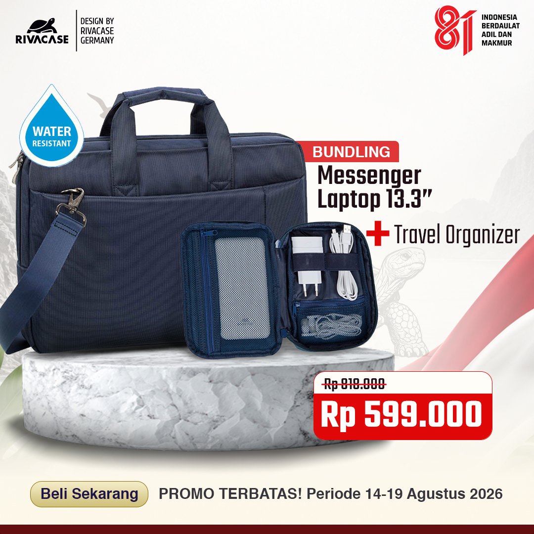[PROMO KEMERDEKAAN] RIVACASE Messenger Bag Laptop 13.3 14 Inch MacBook Air Pro M1 M2 M3 Central 8221 Blue - BONUS Travel Organizer 5631 Original