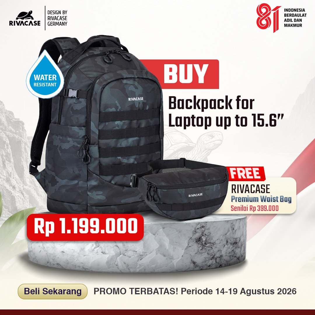 [PROMO KEMERDEKAAN] RIVACASE Backpack Laptop 15.6 Inch (Up to MacBook Pro 16) Sherwood 7631 Camo Navy - BONUS Waist Bag 7614 Original
