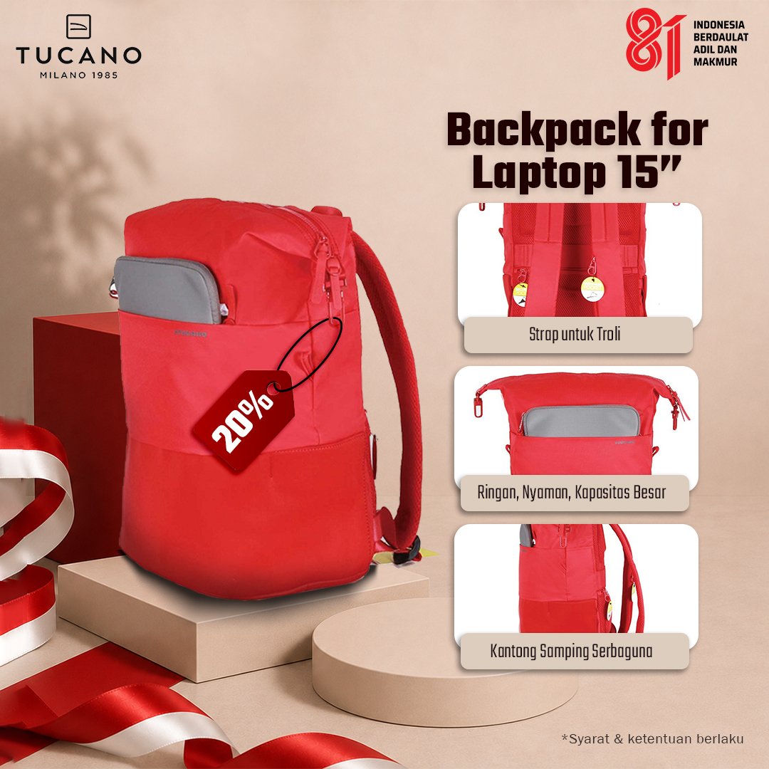 [PROMO KEMERDEKAAN] TUCANO Tas Ransel Backpack 15 Inch (Up to MacBook Pro 16) Modo BMDOK-R - Bonus Sarung Hujan Rain Cover Red Original