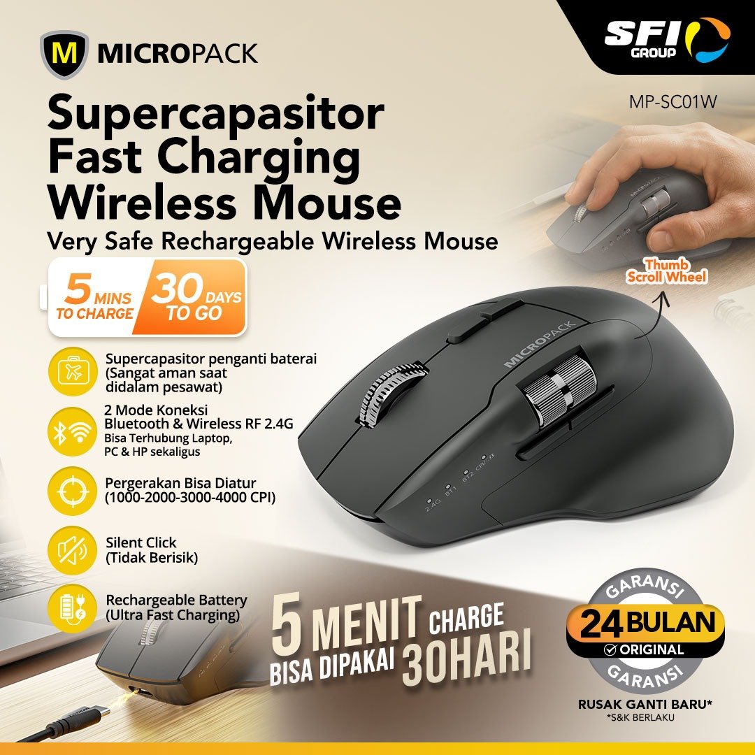 MICROPACK Mouse Wireless Tanpa Kabel Ergonomic Master MP-SC01W 4000 CPI Bluetooth 2.4G Supercapacitor Copilot AI