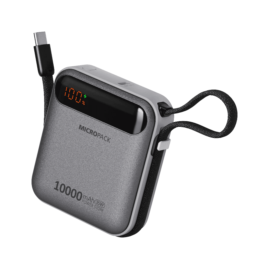 Micropack Powerbank 10.000mAh - Fast Charging 35 watt - 2-in-1 - Detachable USB-C Cable - Power Bank 10000 Super Mini - PB-1035C - Grey