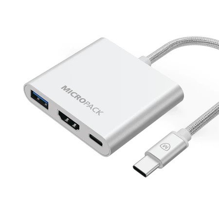 Micropack Data Converter Multiport Adapter - 3-in-1 Port: USB-A, HDMI 4K, USB-C - Fast Data Transmition - 100W PD Fast Charging - MDC-3H - silver
