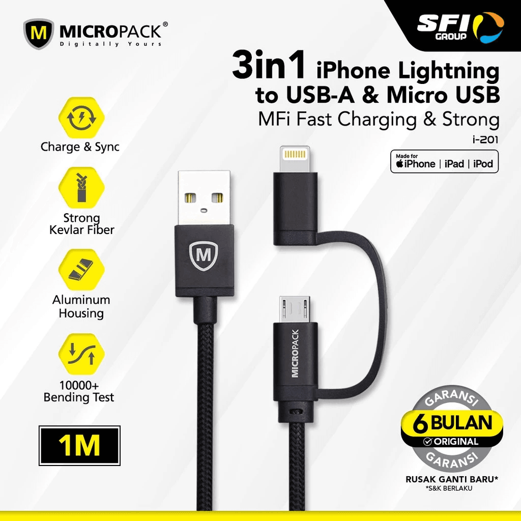 Micropack Charging Cable USB-A to Micro & Lightning 2-in-1 Combo 1.8 Meter MFI Fast Charging Kabel Charger - I-201 - SFI Group