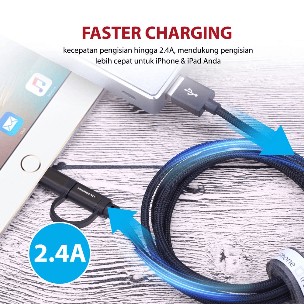 Micropack Charging Cable USB-A to Micro & Lightning 2-in-1 Combo 1.8 Meter MFI Fast Charging Kabel Charger - I-201 - SFI Group - 3