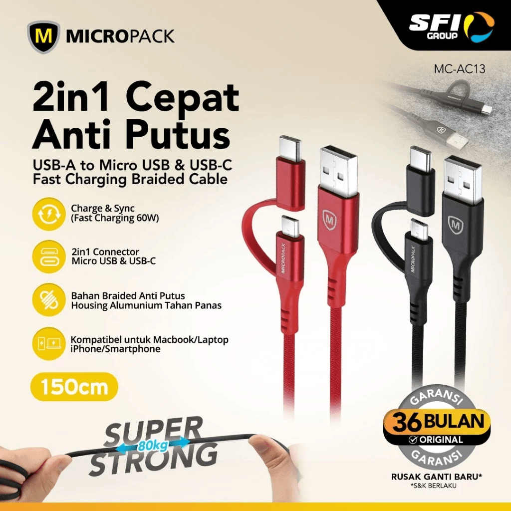 Micropack Cable USB-A to Micro & Type-C - Braided Kevlar - Combo 3-in-1 - Kabel 1,5 Meter - MC-AC13 - SFI Group