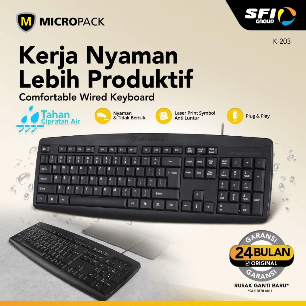 Micropack Keyboard Cable Wired Low Cap Black - Spill Resistant - K203 - SFI Group