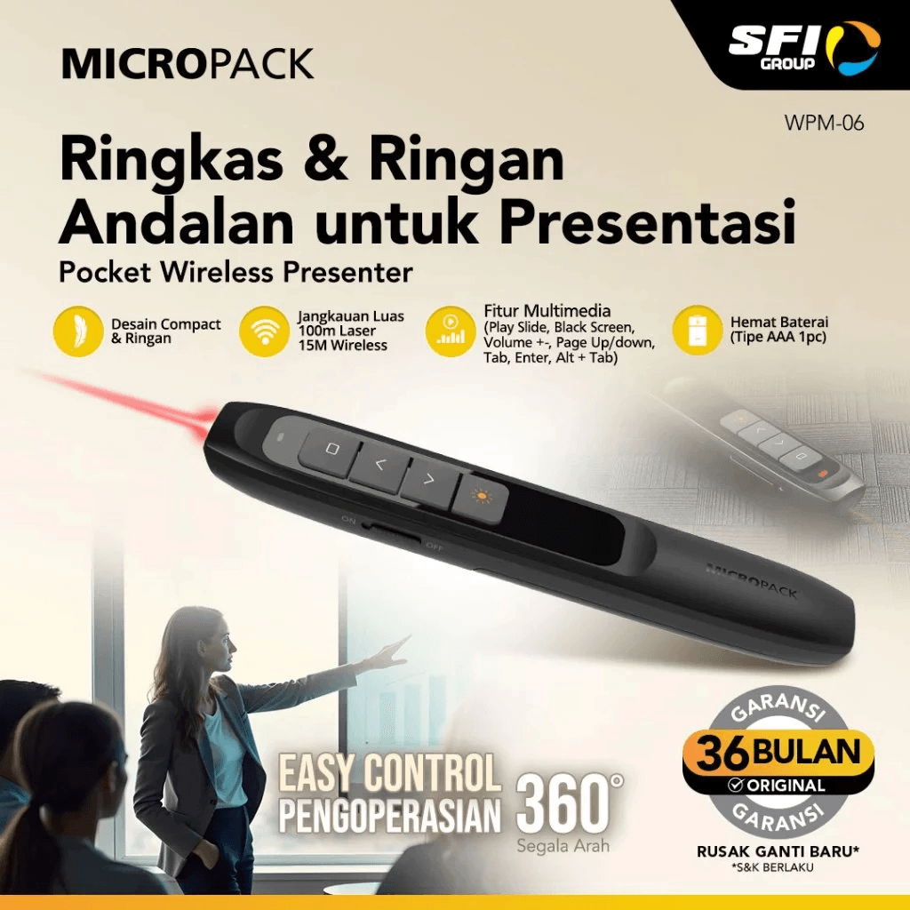 Micropack Wireless Presenter Pointer Lite - Red Laser - 100 Meter Laser Range - Multimedia Buttons - WPM-06 - SFI Group