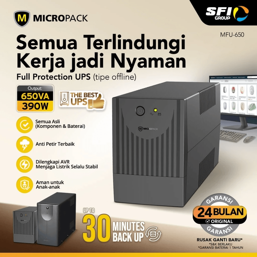 Micropack UPS Offline Premium Stabilizer - Lightning Protection (Anti Petir) - 650VA/390W - Battery 7Ah - MFU-650 - SFI Group