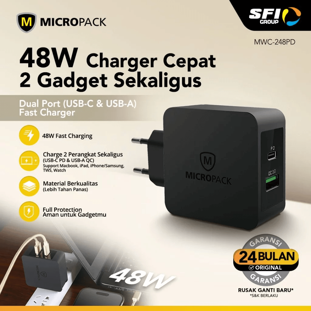 Micropack Wall Charger USB A + USB C PD Max Output 48W - MWC-248PD - SFI Group