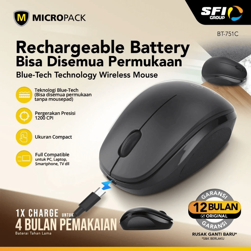 Micropack Mouse BlueTech Wireless - Any Surface - Rechargeable - BT-751C - SFI Group