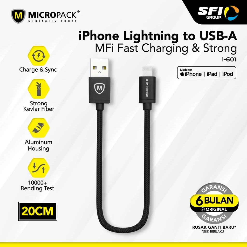 Micropack Cable USB A to Lightning (MFI) 20cm Kabel Charger fast Charging - I-601 - SFI Group