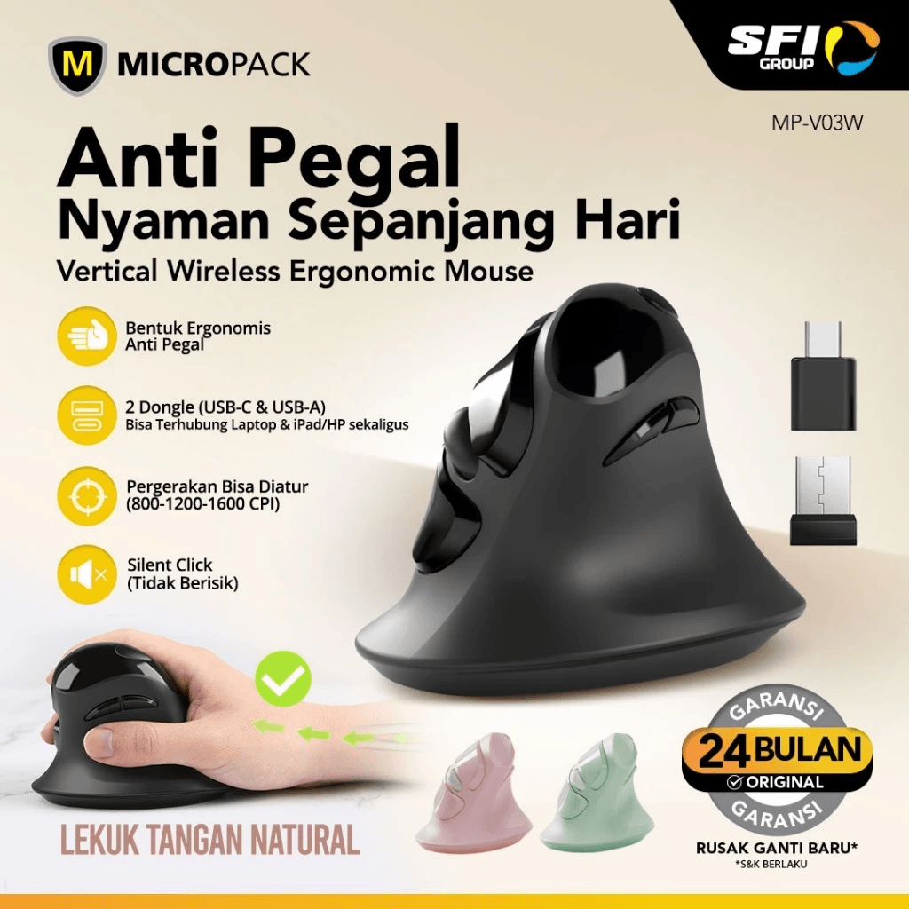 Micropack Mouse Wireless Vertical - Dual Dongle USB-A & USB-C - Silent Click - 6 Buttons - MP-V03W - SFI Group