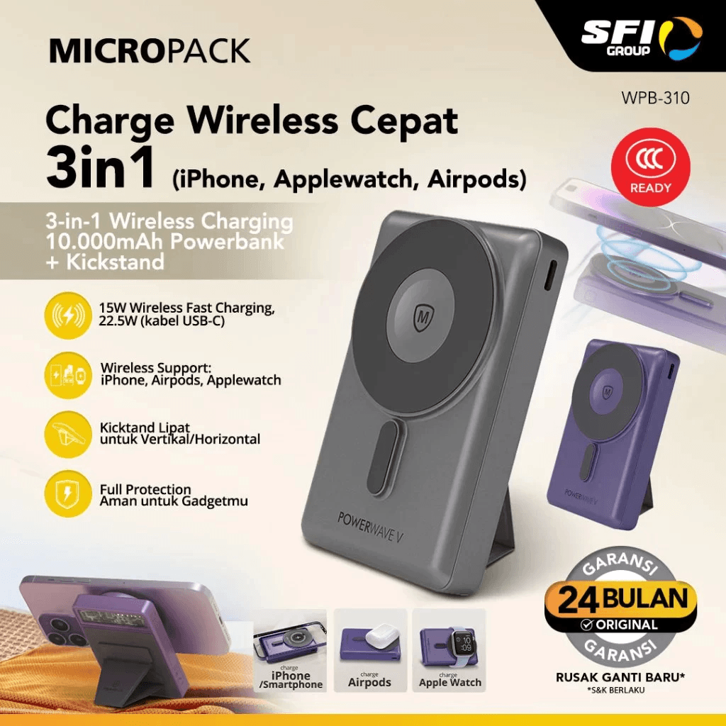 Micropack Wireless Powerbank 10.000 mAh - Fast Charging 22,5 watt - CCC - Magnetic - With Stand - Power Bank 10000 mAh - WPB-310 - SFI Group