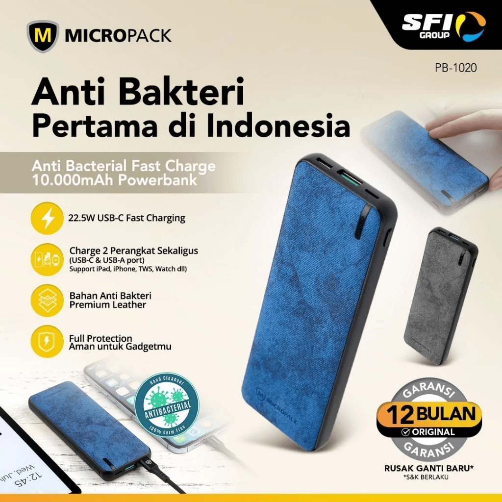 Micropack Powerbank 10.000 mAh - Anti-Bacterial - Fast Charging 22,5watt - Dual Charger - Power Bank 10000 mAh - PB-1020 - SFI Group