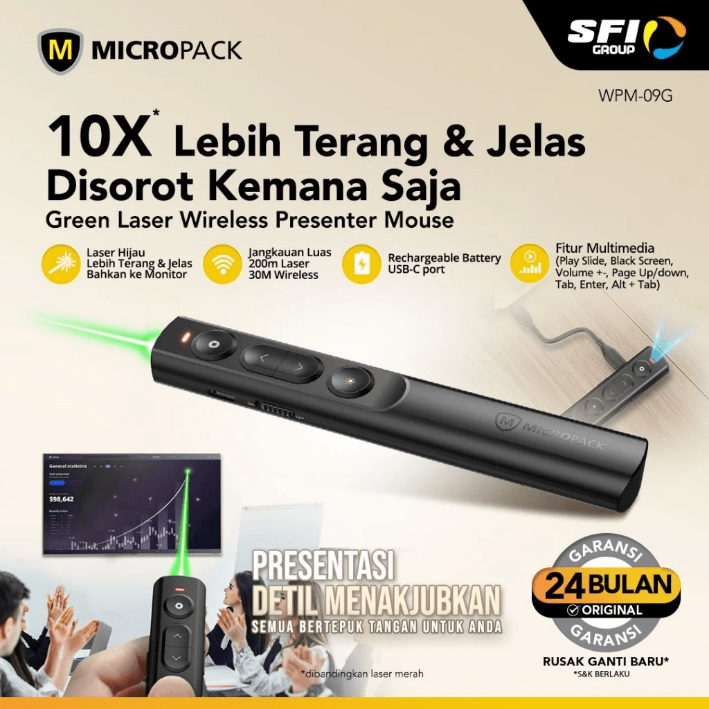 Micropack Wireless Presenter Pointer Lite - Green Laser - 200 Meter Laser Range - Multimedia Buttons - Rechargeable - WPM-09G - SFI Group
