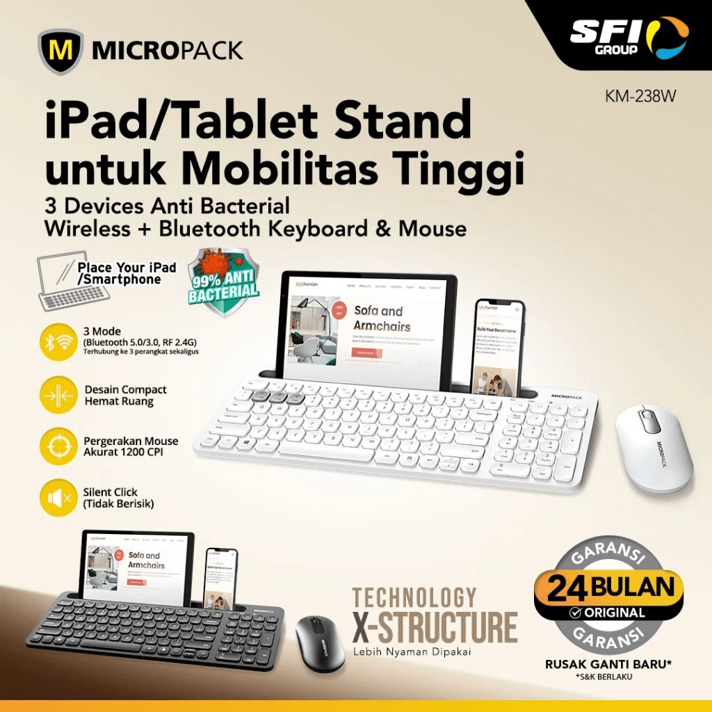Micropack Keyboard Mouse Premium Combo Bluetooth - Anti Bacterial - 3 Mode iFree Pro 2 - KM-238W - SFI Group