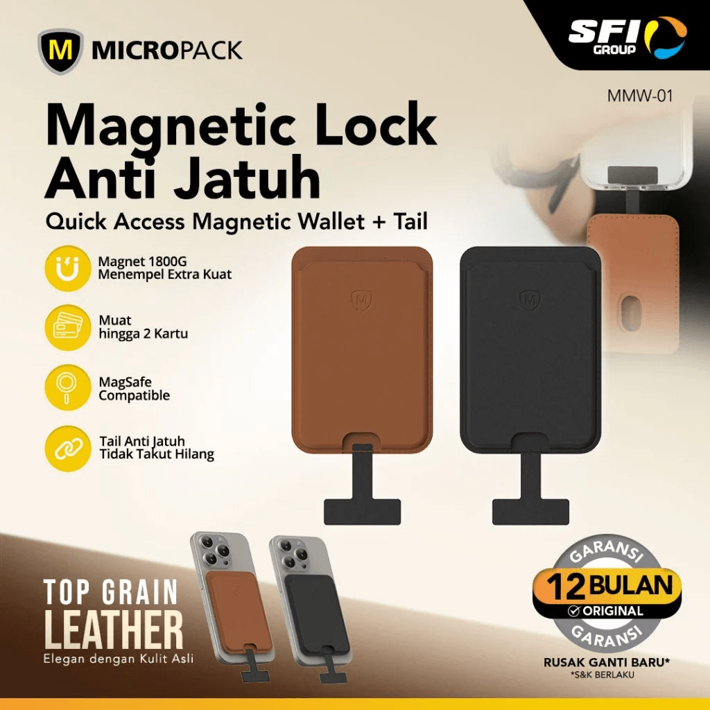 Micropack Magnetic Wallet - Real Leather - Stylish & Quick Access - Magsafe Compatible - Card Holder - MMW-01 - SFI Group