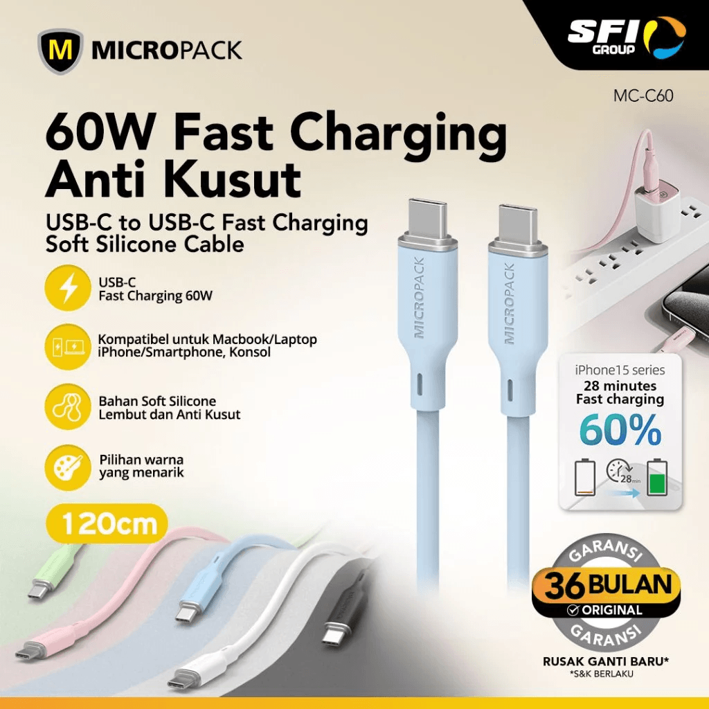 Micropack Cable C to C - Fast Charging & Strong Cable - 60watt - Soft Silicone - Kabel 1,2 Meter - MC-C60 - SFI Group