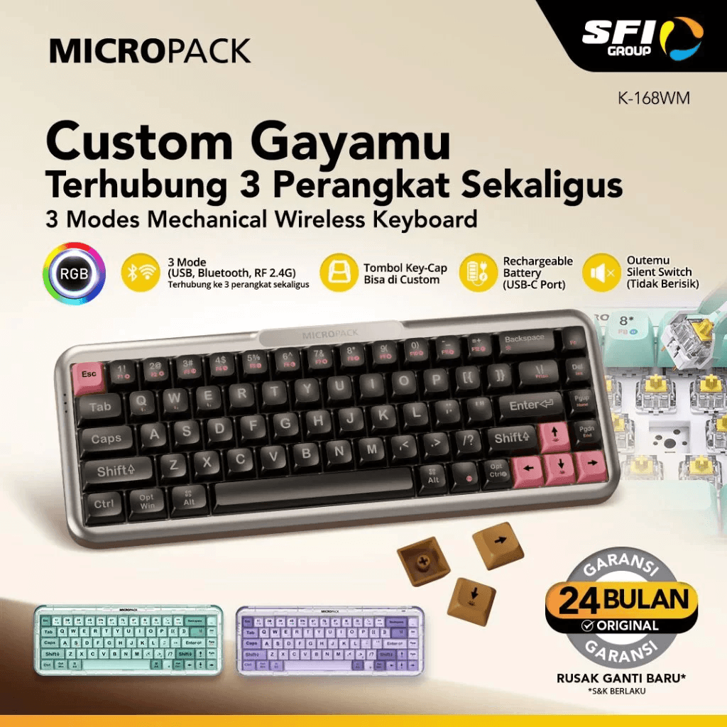 Micropack Mechanical Wireless Keyboard - Wireless & Bluetooth - RGB Backlight - Rechargeable - Silent Switch - K-168WM-EN - SFI Group