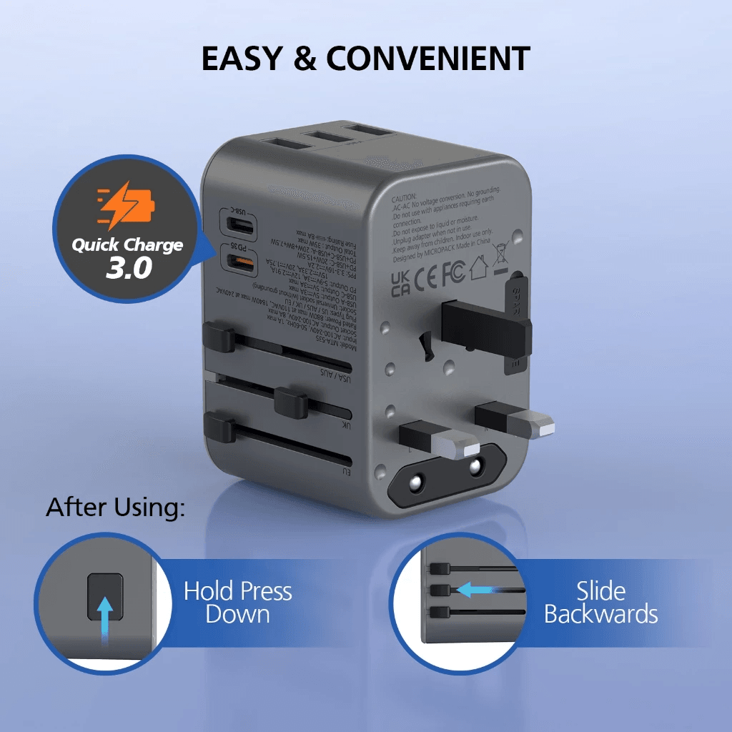Micropack Travel Adapter - Fast Charging 35W - Worldwide Universal - 150+ Countries - GaN - Travel Charger - Travel Adaptor - Wall Charger - MTA-535 - SFI Group - 4