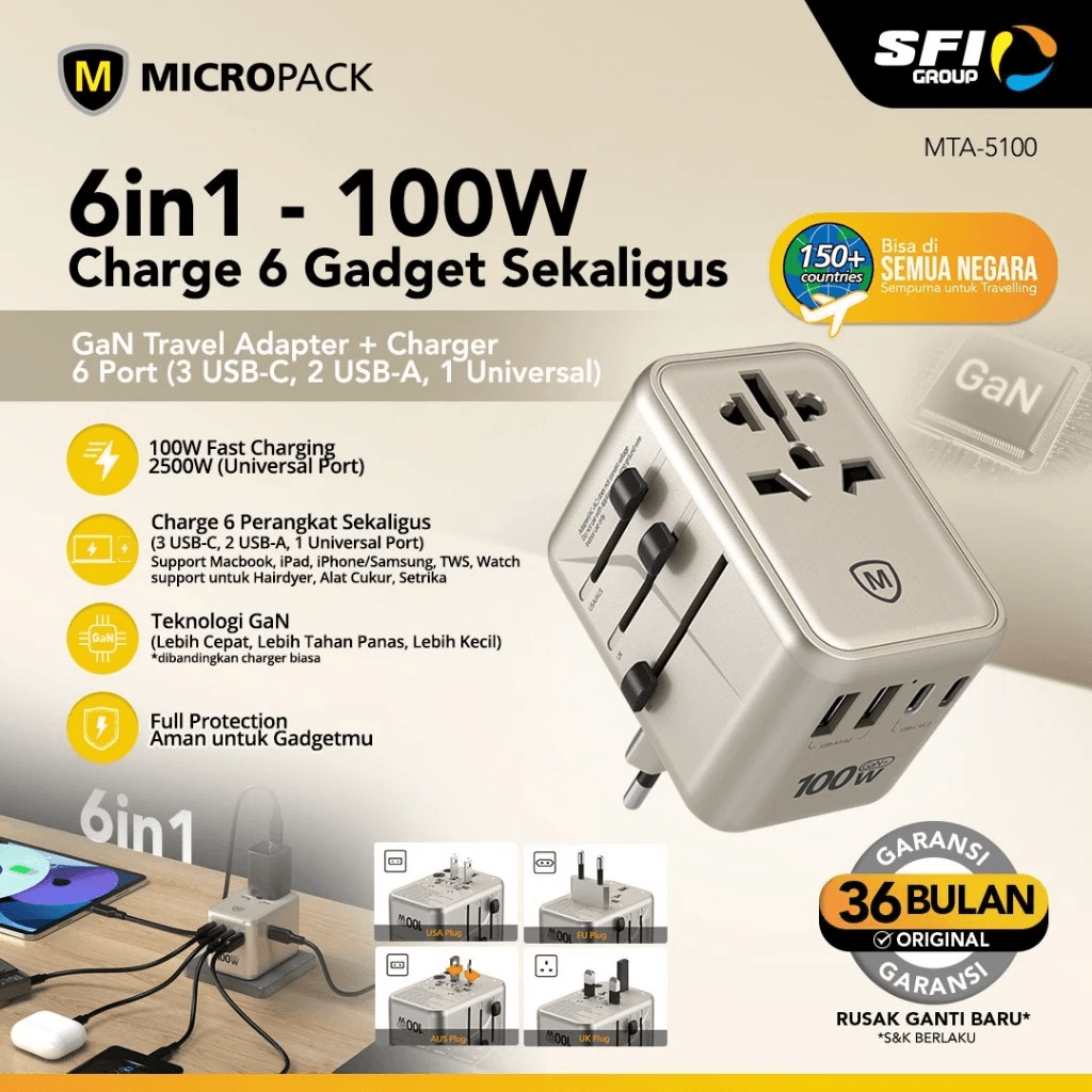 Micropack Travel Adapter - Fast Charging 100W - Worldwide Universal - 150+ Countries - GaN - Travel Charger - Wall Charger - Travel Adaptor - MTA-5100 - SFI Group