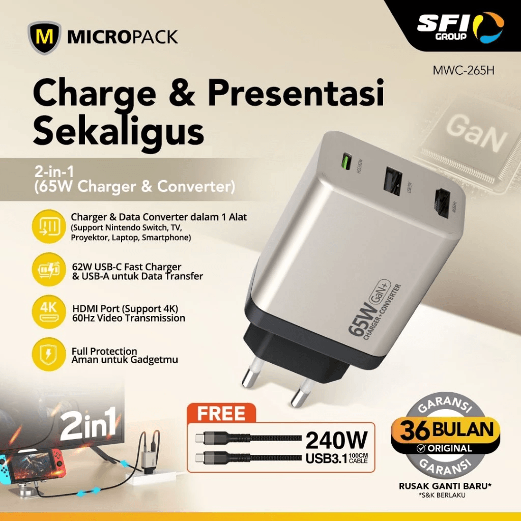 Micropack Wall Charger 2-in-1 - Fast Charging 65watt - GaN - With HDMI - Charging & Presenting - MWC-265H-TI - SFI Group Belum ada penilaian 0 Terjual