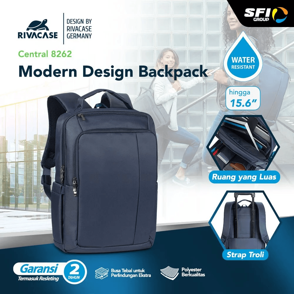 RIVACASE Tas Ransel Backpack Laptop 15.6 Inch Water Resistant | Central (8262) - Black & Blue - Biru - SFI Group
