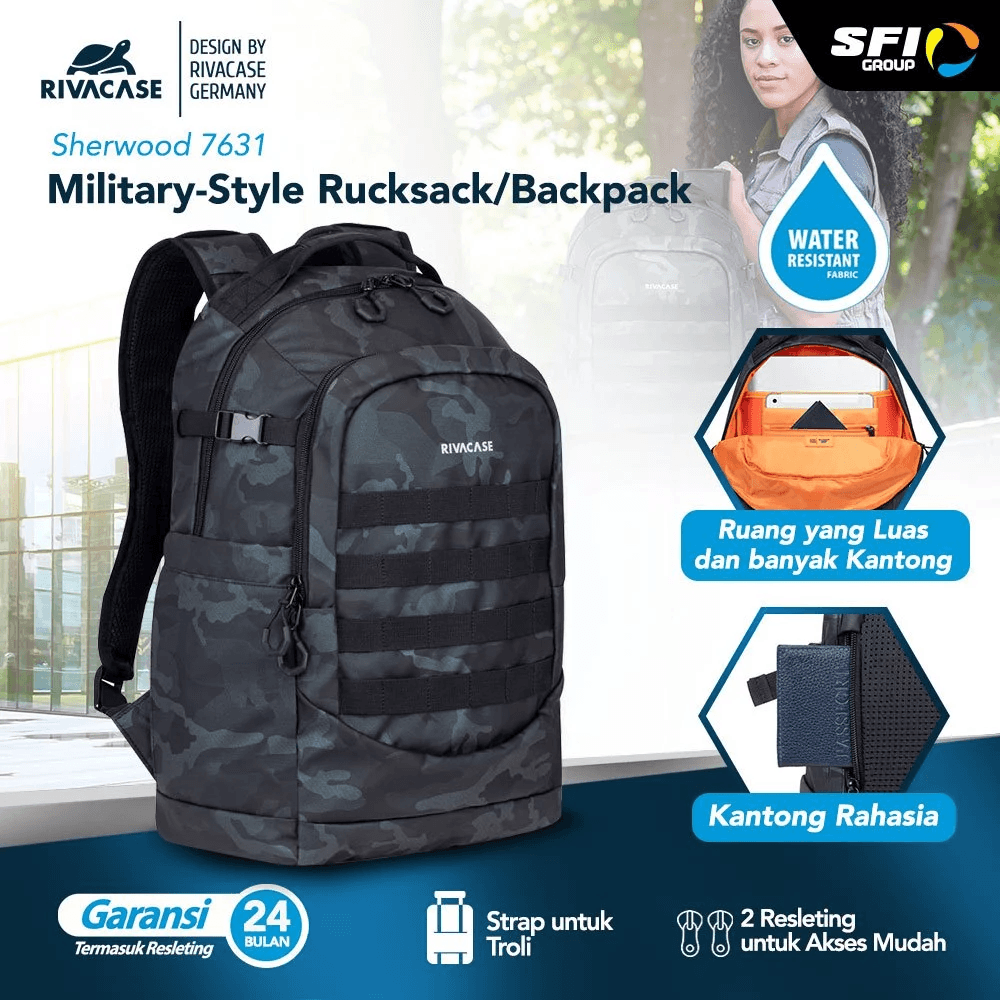 RIVACASE Tas Ransel Backpack Laptop 15.6 Inch Water Resistant | Sherwood (7631) - Camo Navy - SFI Group
