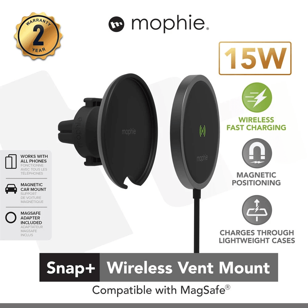 MOPHIE WIRELESS CHARGING CHARGER AND CAR HOLDER FOR IPHONE SNAP + MAGSAFE 15W VENT MOUNT - SFI Group