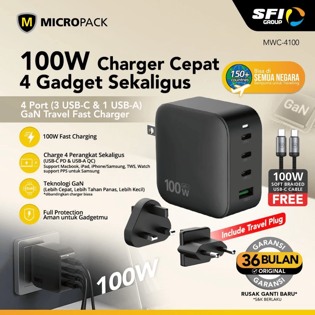 Micropack Wall Charger With Travel Adapter - 4-In-1 - Super Fast Charging 100watt - GaN - MWC-4100 - SFI Group