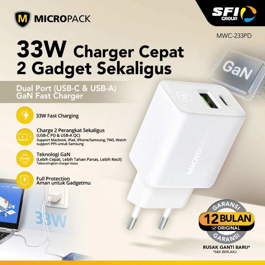 Micropack Wall Charger Dual Port Fast Charging 33 Watt - MWC-233PD-WH-EU - SFI Group