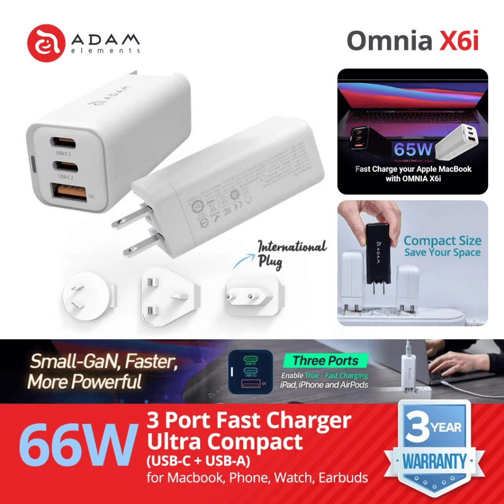 Adam Elements Wall Charger Charging Compact PD/QC 66W - Omnia X6I - SFI Group
