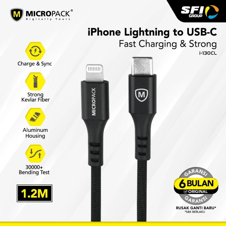 Micropack Cable USB C to Lightning (MFI) 1.2M (i-130CL) MFI Fast Charging Kabel Charger - SFI Group