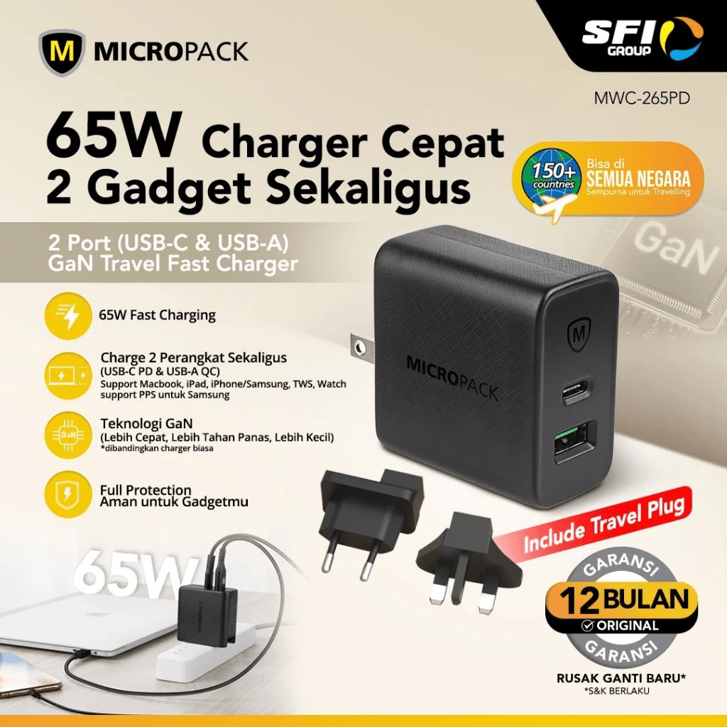 Micropack Wall Charger Dual Port - Fast Charging 65watt - GaN - With Travel Adapter - MWC-265PD-BK - SFI Group