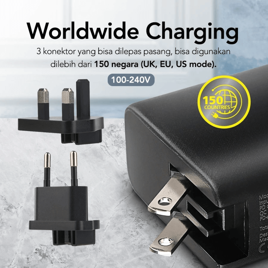 Micropack Wall Charger Dual Port - Fast Charging 65watt - GaN - With Travel Adapter - MWC-265PD-BK - SFI Group - 3
