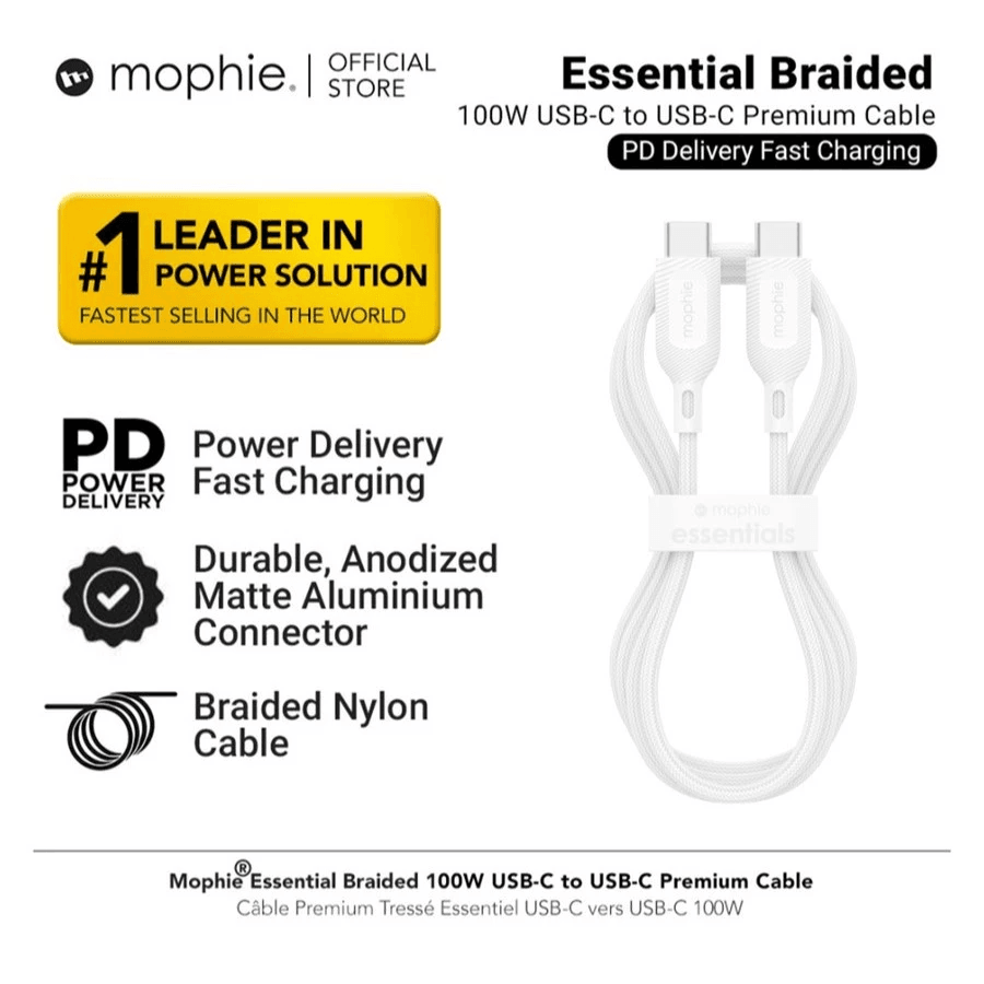 MOPHIE CABLE CHARGER USB C TO USB C 100/60W KABEL ESSENTIAL BRAIDED 1 METER - SFI Group
