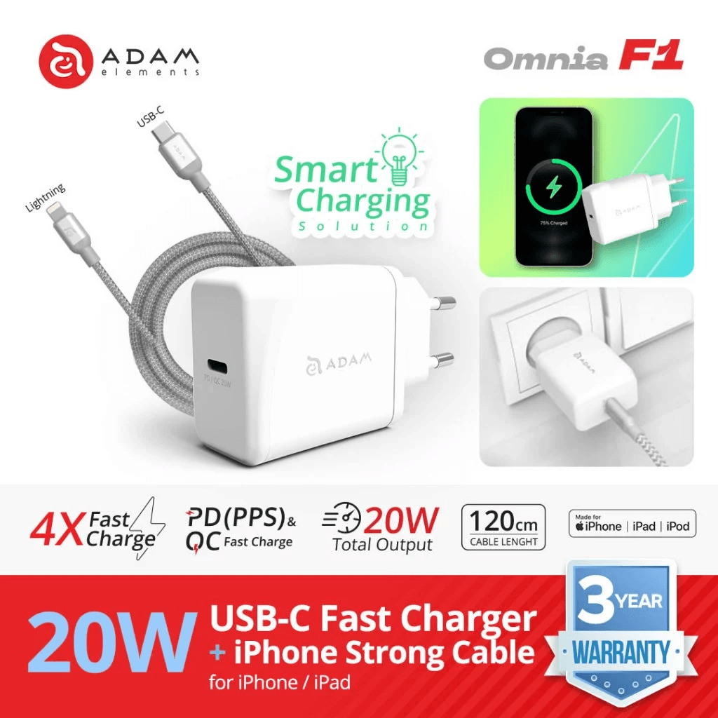 Adam Elements Wall Charger + Kabel C Lightning for iPhone / iPad Omnia F1 Fast Charge Kit Cable - SFI Group