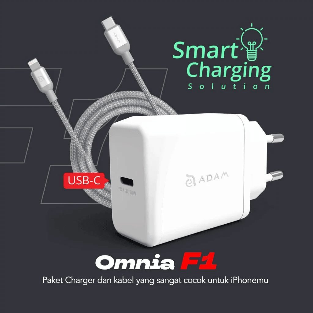 Adam Elements Wall Charger + Kabel C Lightning for iPhone / iPad Omnia F1 Fast Charge Kit Cable - SFI Group - 2