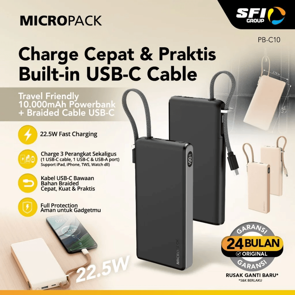 Micropack Powerbank 10.000mAh - Fast Charging 22,5watt - Built-in USB-C Cable - LED Display - Power Bank 10000 mAh - PB-C10 - SFI Group