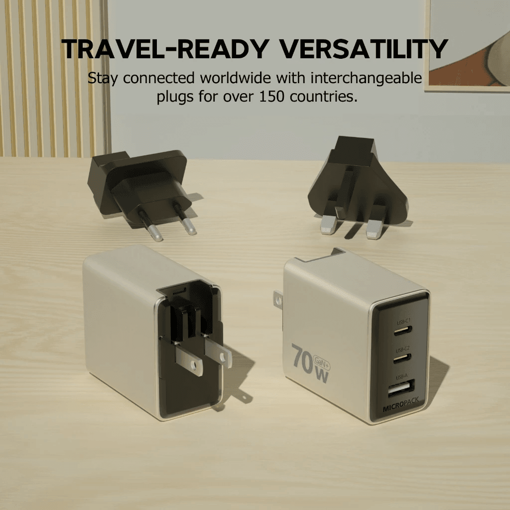 Micropack Wall Charger With Travel Adapter - Super Fast Charging 70W - GaN - USB-C1 + USB-C2 + USB-A - MWC-370-TI - SFI Group - 3